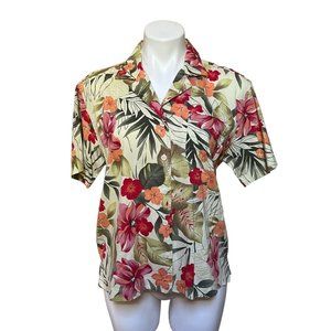 Vintage Women's Casual Aloha Floral Print Button Down Shirt Medium Lime Green Pi